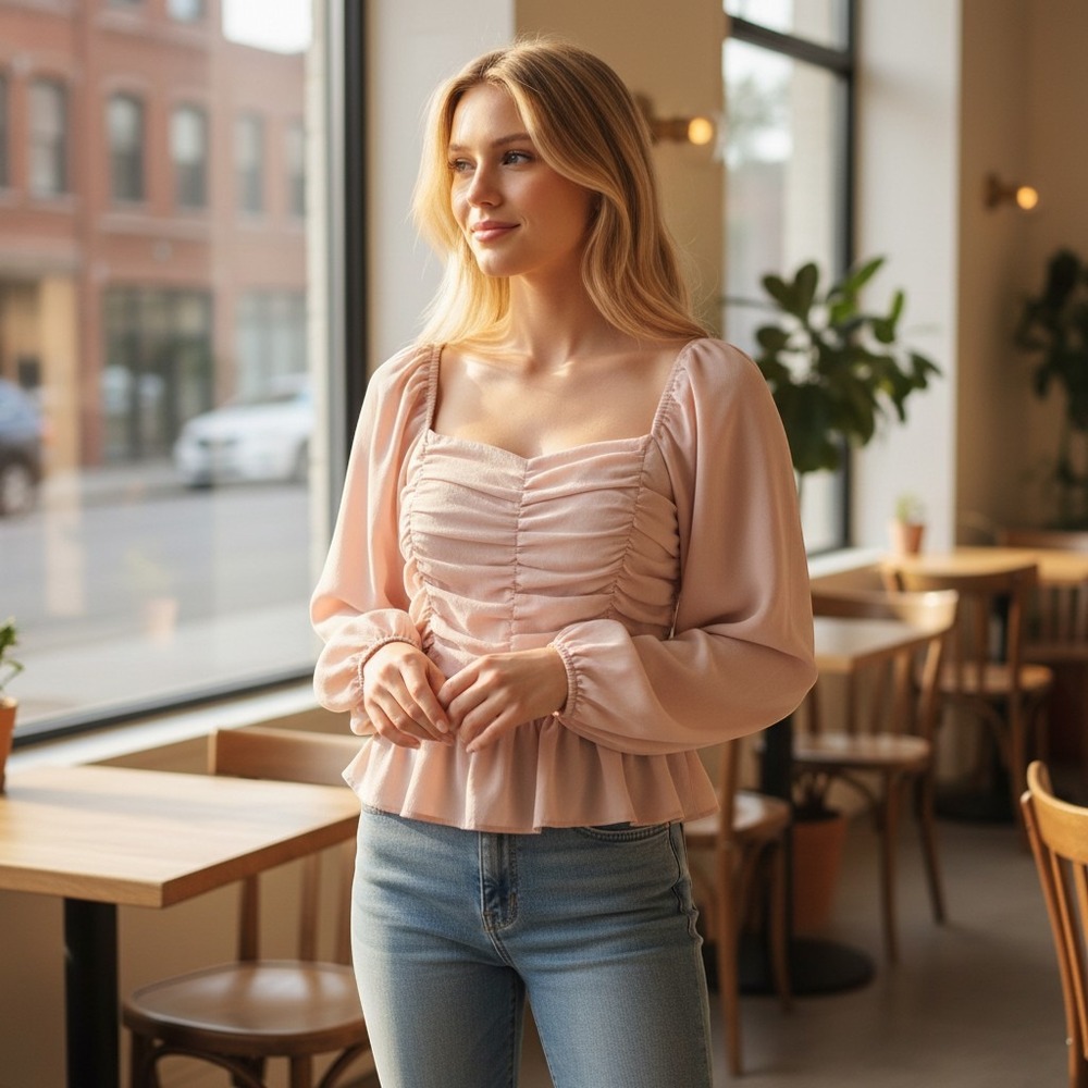 Ruched Long Sleeve Top Square Neck Blouse Peplum Hem Party Elegant